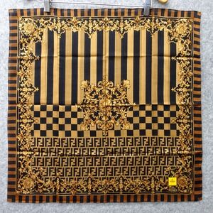 Vintage FENDI Scarf Women Gold Navy Baroque Zucca FF Handkerchief Luxury 22.8 in